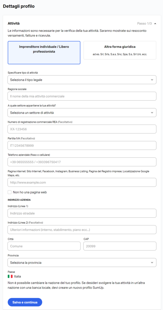 Campi da compilare per apertura profilo SumUp